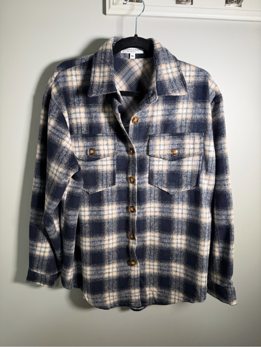Chic Soul Plaid Button-Up Shacket in Navy and Cream 1XL